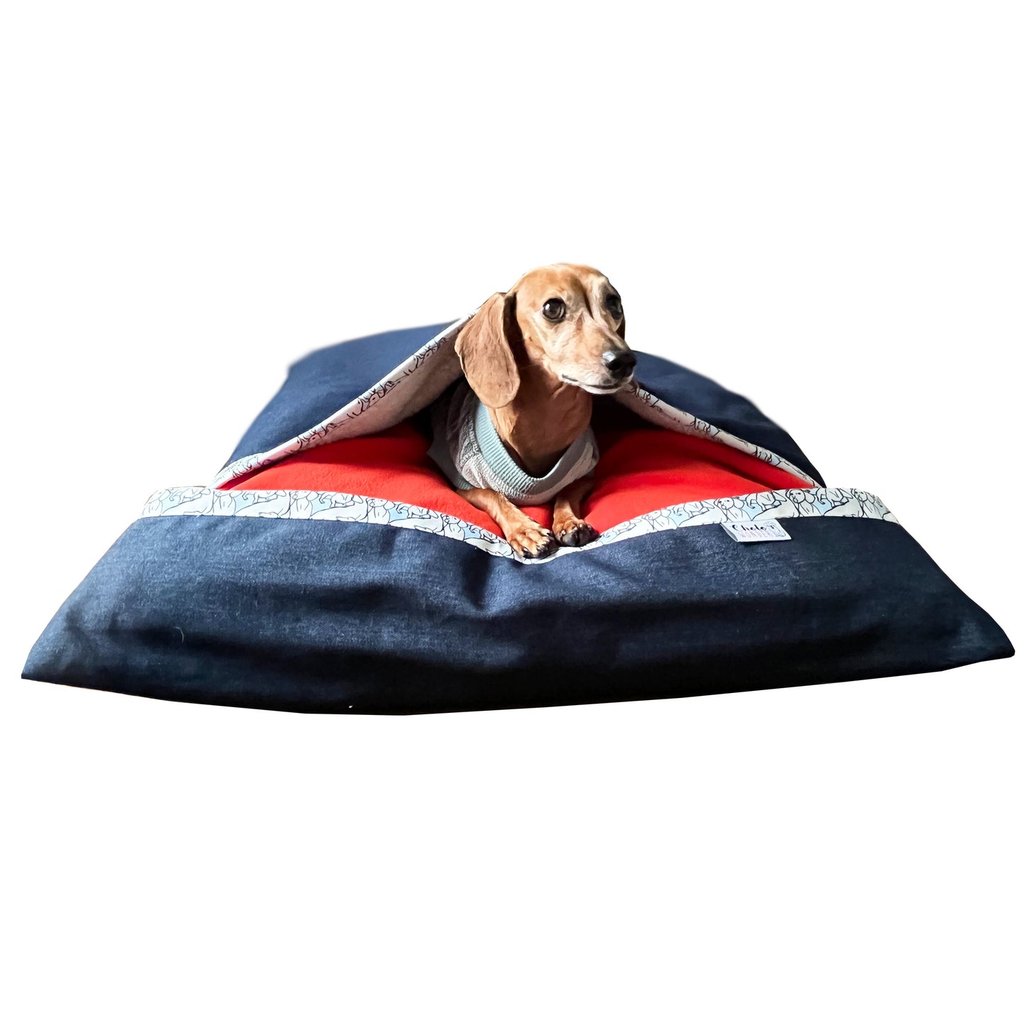 Saco de dormir denim azul ilustración perro salchicha 74X70 cms